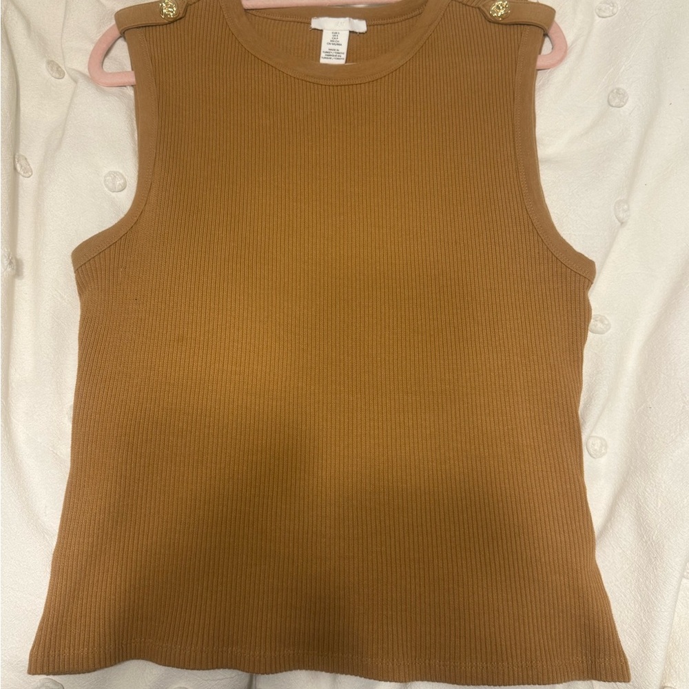 H&M New Camel Ribbed Sweater Tank with Gold Button Shoulders